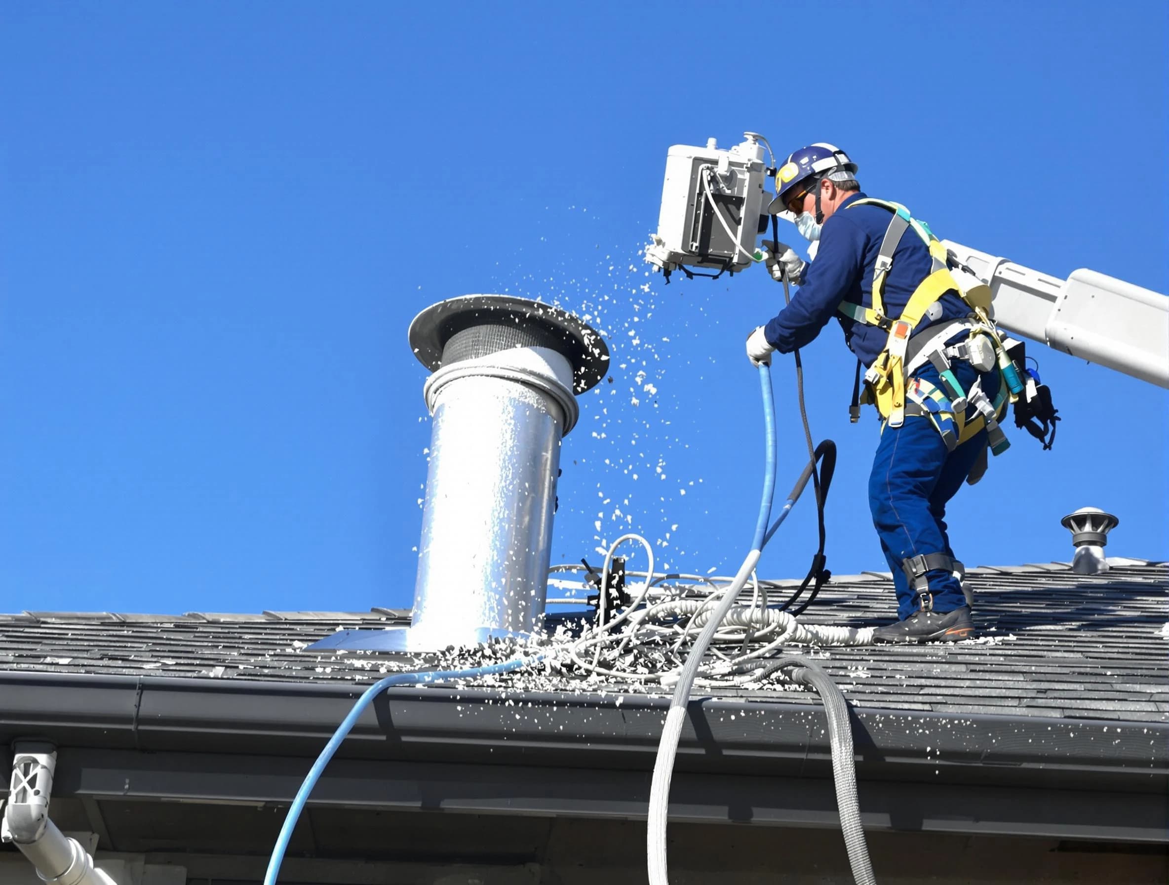 Clarkston Dryer Vent Cleaning certified technician safely cleaning a roof-mounted dryer vent in Clarkston